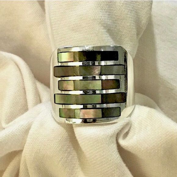 VINTAGE Abalone Sterling Silver Cigar Band Ring Sz 7-1/2